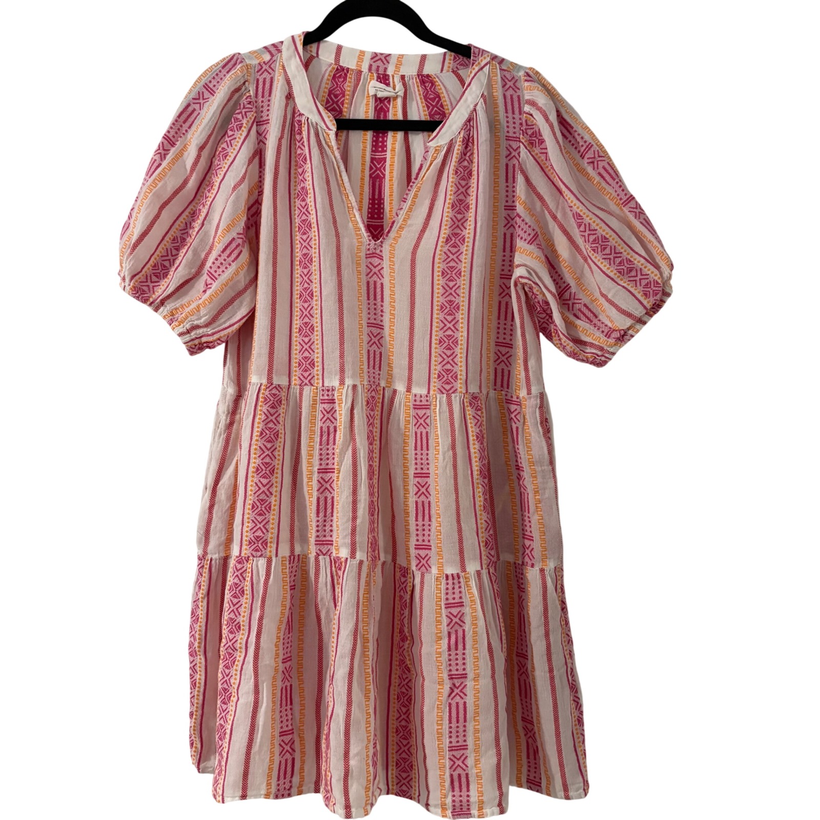 Velvet By Graham & Spencer Pink Orange Striped Tiered Cotton Gauze Mini Dress M